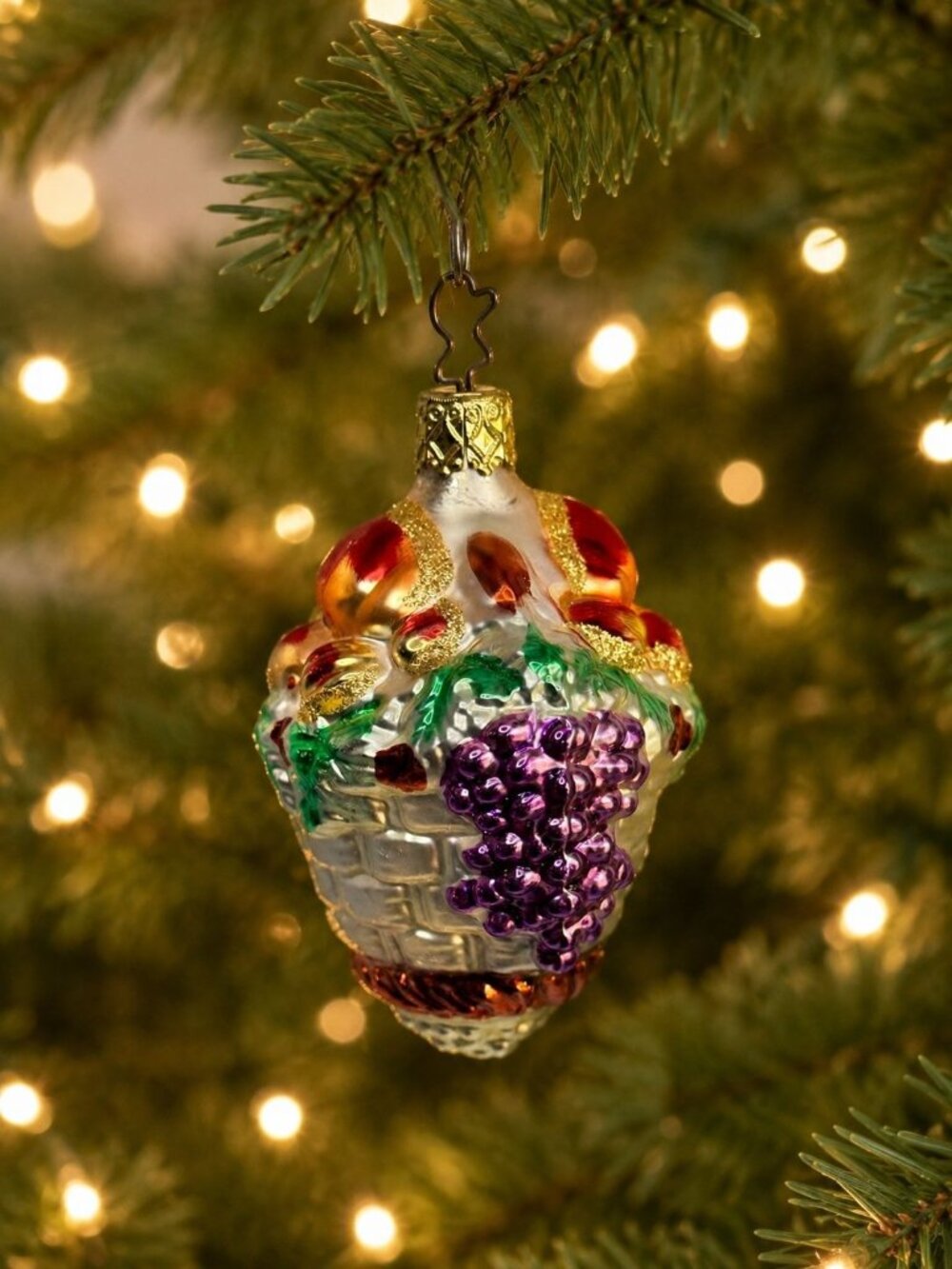 Inge Glas Fruit Basket Ornament Grapes Apples Pears Germany 3" Glass